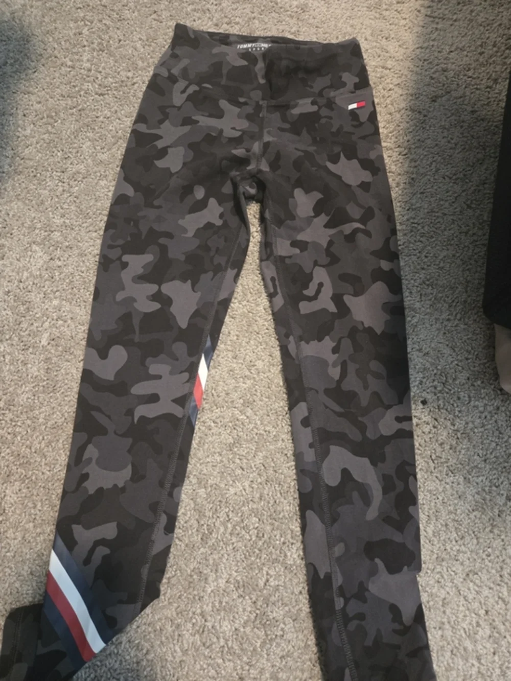 Tommy Hilfiger Black and Gray Camouflage Leggings with Red & White Stripes‎
